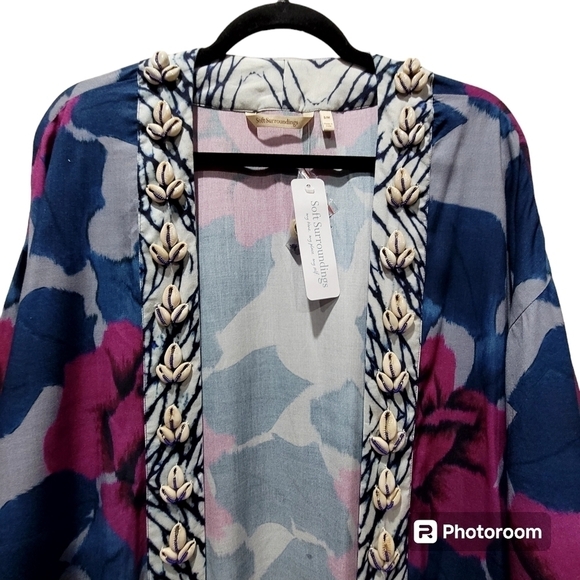 NWT SOFT SURROUNDINGS S/M Colorful Embellished Seashells Kimono Coverup Floral - Picture 4 of 13